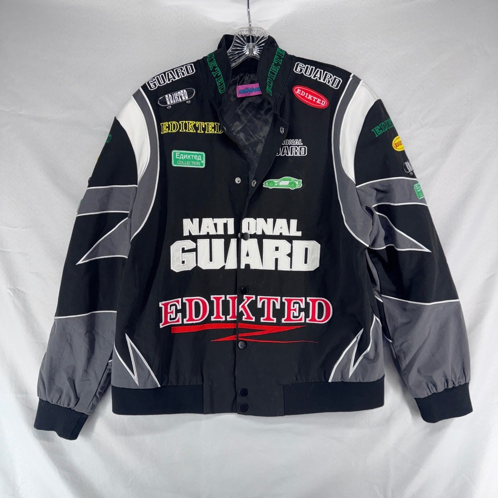Edikted Racing Jacket Small Black National Guard Moto Bomber Streetwear Y2K